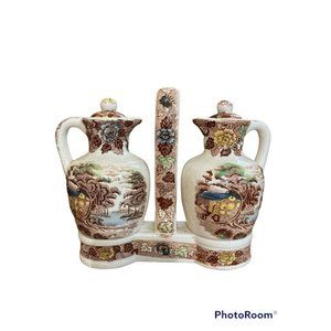Nasco Mountain Wood-Land Vintage Oil & Vinegar Cruet Set With Caddy 1950’s